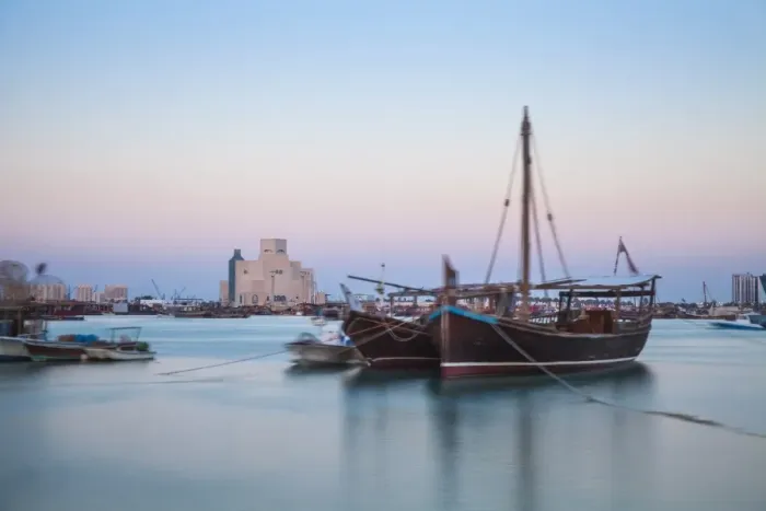 Framed Print : Boats in Doha Bay and Museum of Islamic Art, Doha, Qatar, Middle East Framed Print : Boats in Doha Bay and Museum of Islamic Art, Doha, Qatar, Middle East