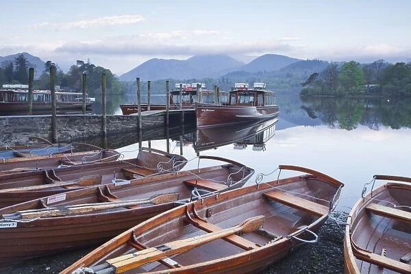 Boats at the edge of Derwent Water in the Lake District National Park, Cumbria, England, United Kingdom, Europe
