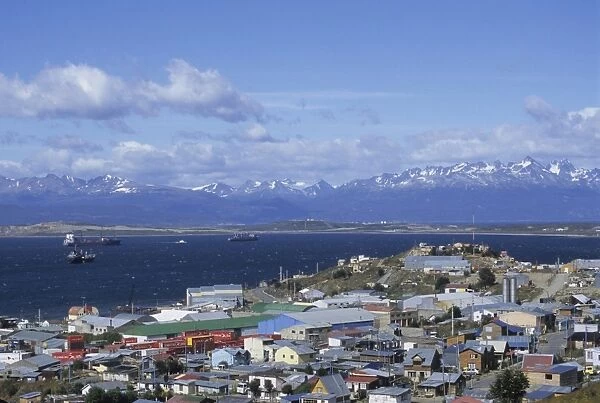 Boats float in the Beagle Channel, the capital of Tierra del Fuego province