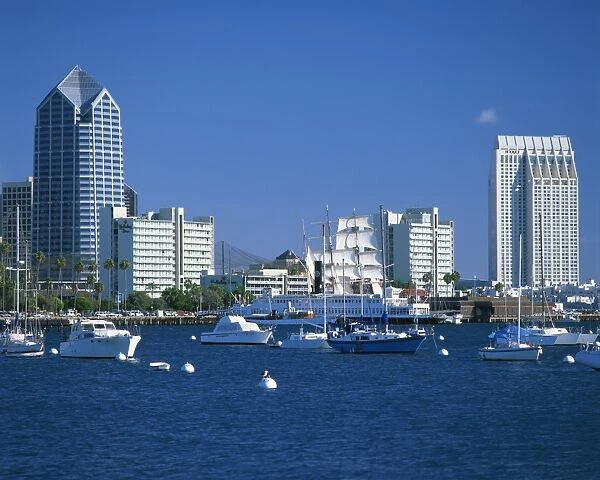 Boats in the harbour and city skyline of San Diego