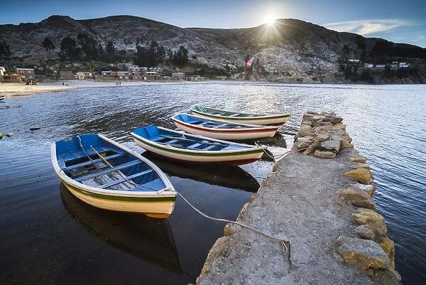 Boats in the harbour on Lake Titicaca at Challapampa village, Isla del Sol (Island of the Sun)