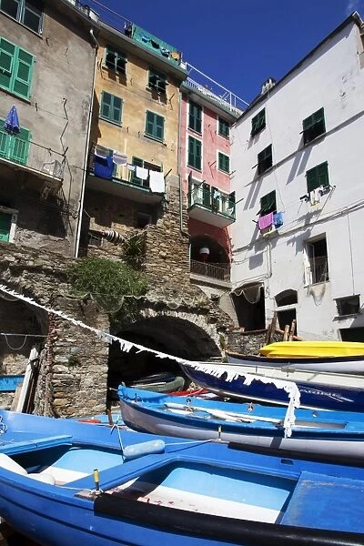 Boats at the Harbour in Riomaggiore, Cinque Terre, UNESCO World Heritage Site, Liguria, Italy, Europe