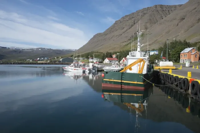 Framed Print : Boats in the harbour at the village of Bildudalur, West Fjords, Iceland, Polar Regions Framed Print : Boats in the harbour at the village of Bildudalur, West Fjords, Iceland, Polar Regions