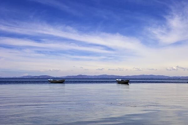 Two boats on the lake, Kollabaya, Challapampa, Isla del Sol, Lake Titicaca, Bolivia, South America