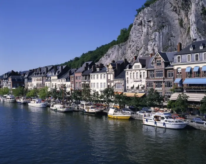 Framed Print : Boats line the waterfront on the River Meuse in the old town of Dinant in the Ardennes Framed Print : Boats line the waterfront on the River Meuse in the old town of Dinant in the Ardennes