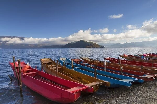 Boats at Luoshui, Lugu Lake, Yunnan, China, Asia