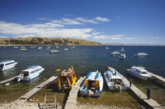 Framed Print : Boats moored in bay, Copacabana, Lake Titicaca, Bolivia, South America Framed Print : Boats moored in bay, Copacabana, Lake Titicaca, Bolivia, South America