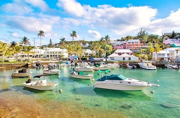 Boats moored in the clear turquoise waters of Flatts Inlet, Hamilton Parish, Bermuda, Atlantic, Central America