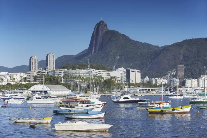 Framed Print : Boats moored in harbour with Christ the Redeemer statue in background, Urca, Rio de Janeiro, Brazil, South America Framed Print : Boats moored in harbour with Christ the Redeemer statue in background, Urca, Rio de Janeiro, Brazil, South America