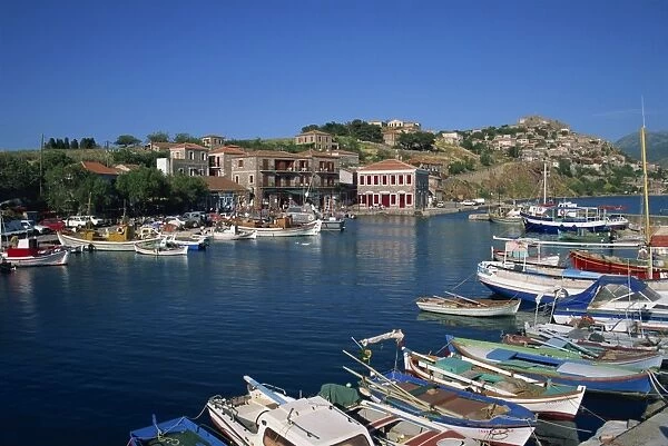 Boats moored in harbour at Molyvos
