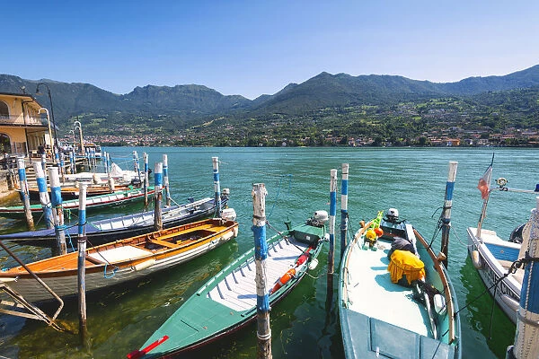 Boats moored at Monte Isola, the largest lake island in Europe, Province of Brescia