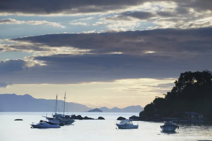 Framed Print : Boats moored at Vila do Abraao at dawn, Ilha Grande, Rio de Janeiro State, Brazil, South America Framed Print : Boats moored at Vila do Abraao at dawn, Ilha Grande, Rio de Janeiro State, Brazil, South America