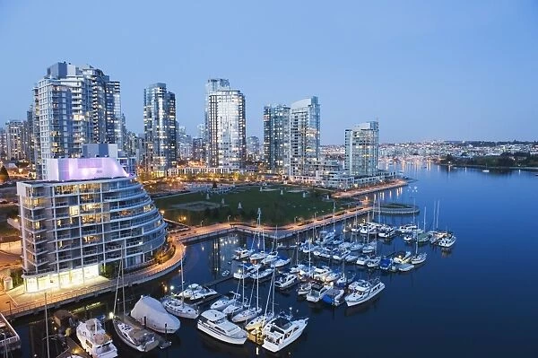 Boats moored on the waterfront in False Creek Harbour, Vancouver, British Columbia