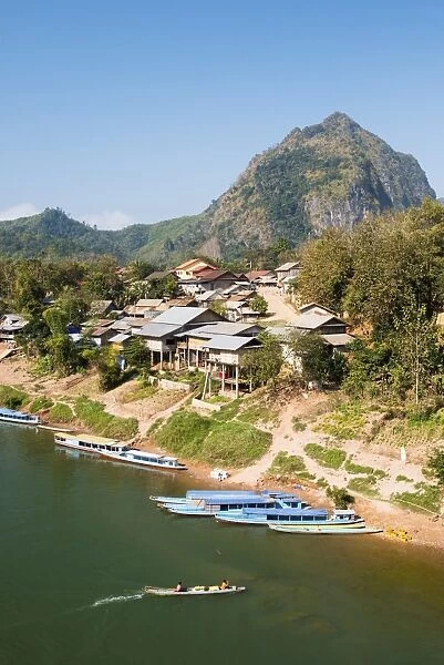 Boats on the Ou River, Nong Khiaw, Luang Prabang area, Laos, Indochina, Southeast Asia