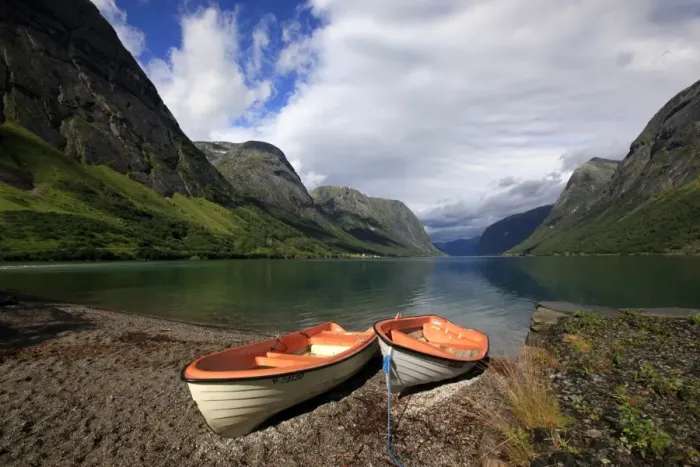Framed Print : Boats pulled up by a fjord, Songdal region, near Bergen, western Norway, Scandinavia, Europe