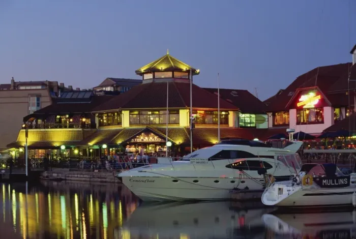 Framed Print : Boats and restaurants at dusk, Marina, Port Solent, Hampshire, England Framed Print : Boats and restaurants at dusk, Marina, Port Solent, Hampshire, England