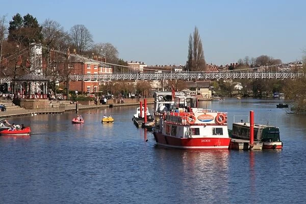 Boats and suspension bridge over the River Dee, Chester, Cheshire, England, United Kingdom, Europe