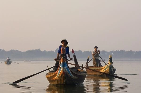 Boats on Thaungthaman Lake, Amarapura, Myanmar (Burma), Asia