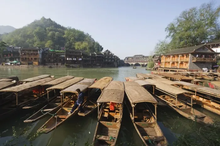 Framed Print : Boats tied up on a river in the old town of Fenghuang, Hunan Province, China, Asia Framed Print : Boats tied up on a river in the old town of Fenghuang, Hunan Province, China, Asia