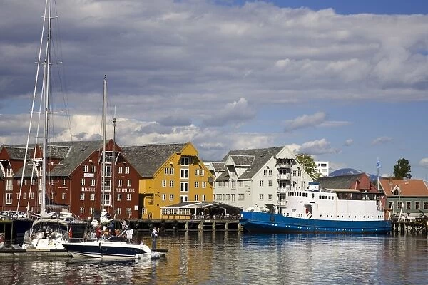 Boats and warehouses on Skansen Docks, Tromso City, Troms County, Norway
