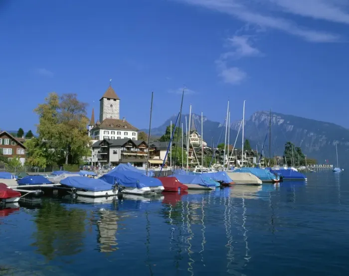 Framed Print : Boats on the water and the town of Spiez on Lake Thunersee in the Bernese Oberland