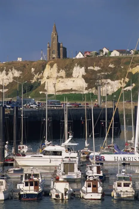 Framed Print : Boats and yachts in the harbour and church on skyline above cliffs, Dieppe Framed Print : Boats and yachts in the harbour and church on skyline above cliffs, Dieppe