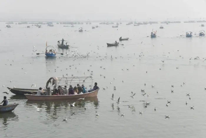 Framed Print : Boats on the Yamuna side of the Sangam, at confluence of Ganges and Yamuna Framed Print : Boats on the Yamuna side of the Sangam, at confluence of Ganges and Yamuna