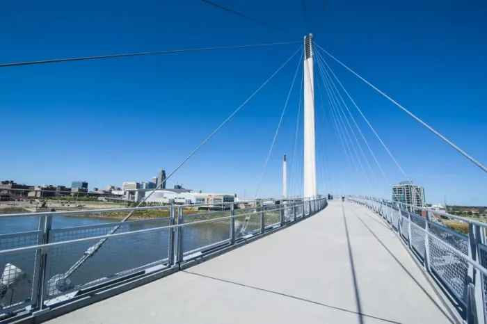 Framed Print : Bob Kerrey Pedestrian Bridge crossing the Missouri River from Nebraska to Iowa, Omaha, Nebraska, United States of America, North America Framed Print : Bob Kerrey Pedestrian Bridge crossing the Missouri River from Nebraska to Iowa, Omaha, Nebraska, United States of America, North America