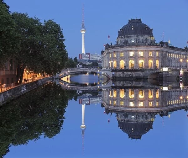 Bode Museum and TV Tower reflecting on Spree River, Museum Island, UNESCO World Heritage Site