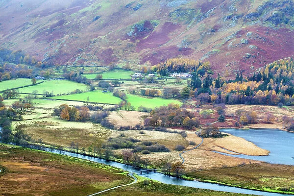 Borrowdale in autumn from Surprise View in Ashness Woods near Grange, Lake District National Park, Cumbria, England, United Kingdom, Europe
