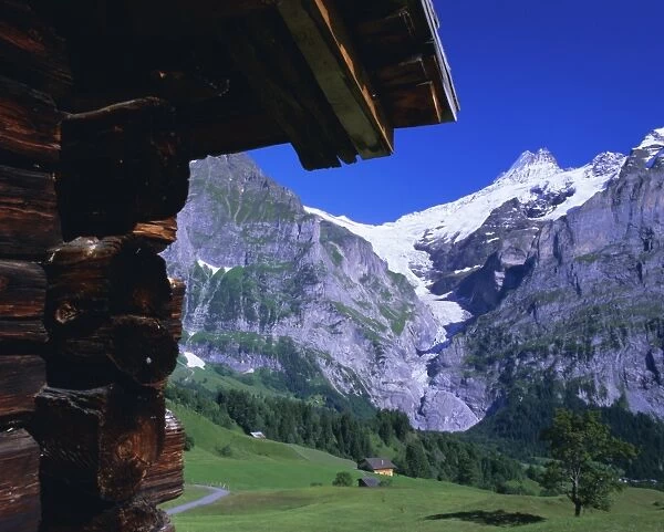 Bort, the Schreckhorn and Upper Grindelwald Glacier framed by hut