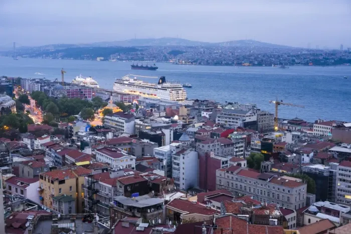 Framed Print : Bosphorus Strait and cruise ship at night seen from Galata Tower, Istanbul, Turkey Framed Print : Bosphorus Strait and cruise ship at night seen from Galata Tower, Istanbul, Turkey