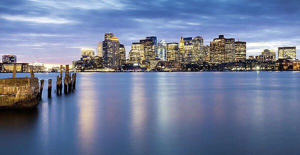 Boston Waterfront at dusk, Boston, Massachusetts, New England, United States of America, North America