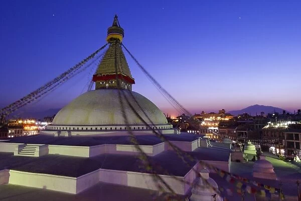 Boudhanath Stupa at sunset, UNESCO World Heritage Site, Kathmandu, Nepal, Asia