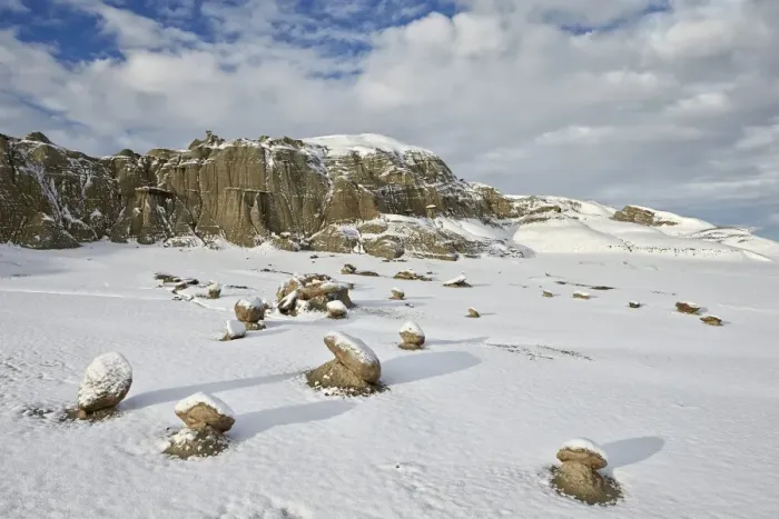 Framed Print : Boulders with fresh snow, Bisti Wilderness, New Mexico, United States of America, North America
