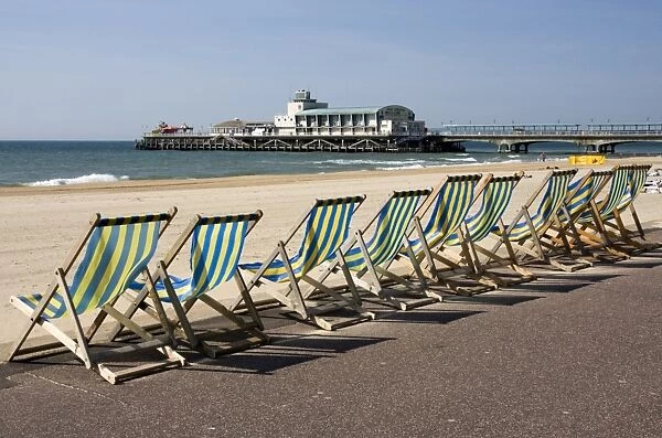 Bournemouth East Beach, deck chairs and pier, Dorset, England, United Kingdom, Europe