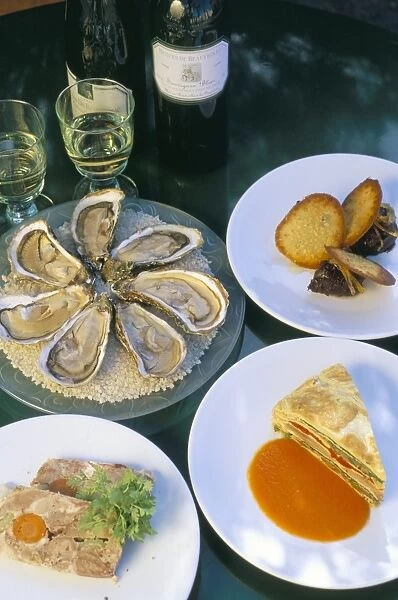 Bouzigues oysters, crespeou, cochon terrine, chocolate fondant, Chez Philippe