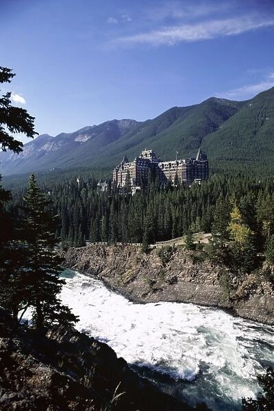 Bow River and Banff Springs Hotel, Banff National Park, Rocky Mountains