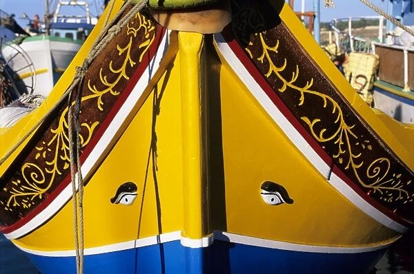 Bow of traditional Maltese Luzzu fishing boat with the Eye of Osiris, Malta