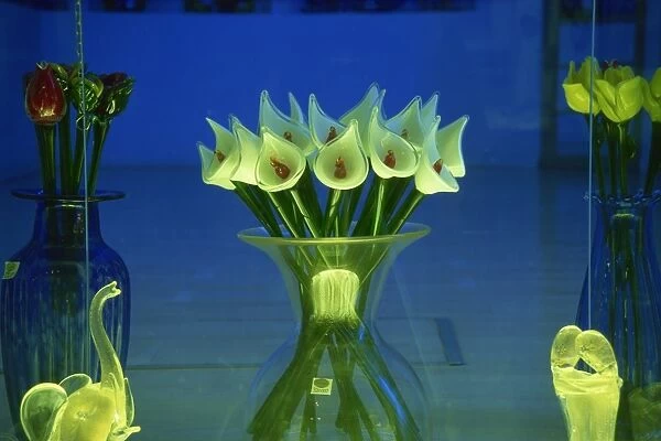 Bowl of glass lilies in shop window, Venice, Veneto, Italy, Europe