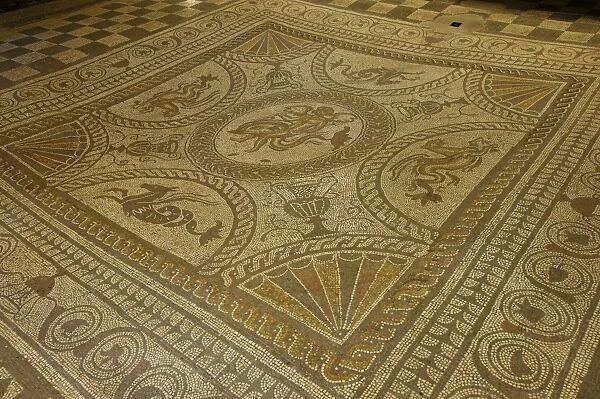 Boy on a dolphin and a flying horse, centre of mosaic floor, Fishbourne Roman Palace
