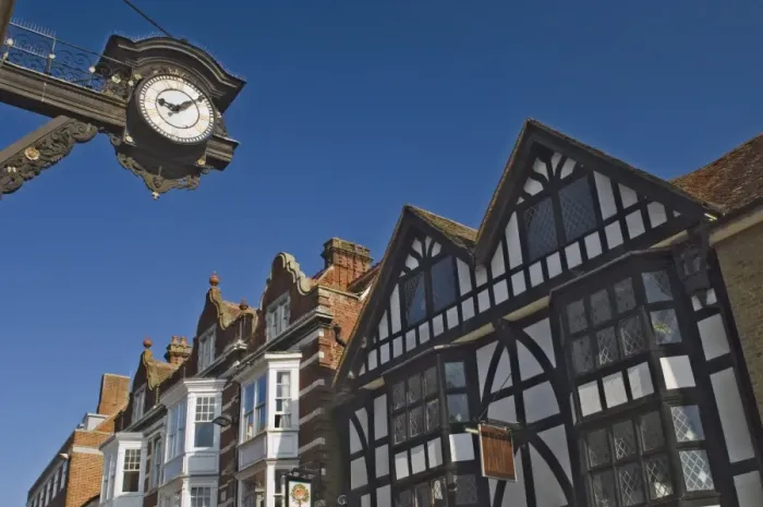 Framed Print : The Bracket Clock and timbered gables, High Street, Winchester, Hampshire