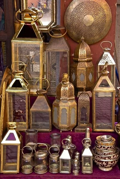 Brass and copper lanterns for sale in the street of the Medina, Marrakech, Morocco, North Africa