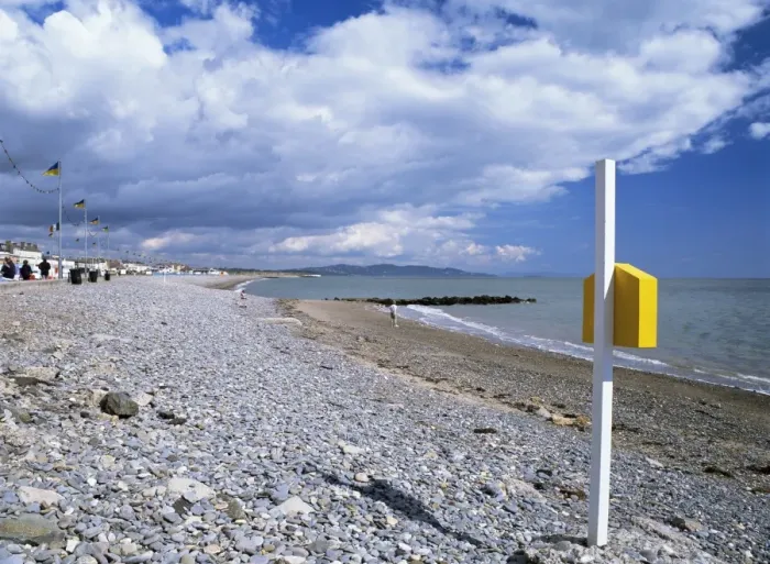 Framed Print : Bray beach and lifebuoy, Bray, Co Framed Print : Bray beach and lifebuoy, Bray, Co