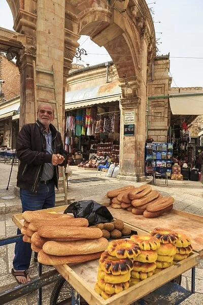 Bread seller with cart, Aftimos Souk, Mauristan, Christian Quarter, Old City, Jerusalem