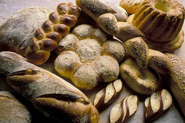 Breads including kugelhopfs, pretzels and plaited bread, Alsace, France, Europe