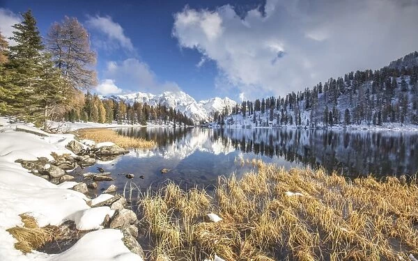 The Brenta Dolomites covered in snow reflecting in the Lake Malghette, Trentino, Italy, Europe