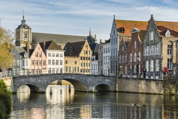 Framed Print : Bridge and houses on Langerei canal, Bruges, West Flanders province, Flemish region
