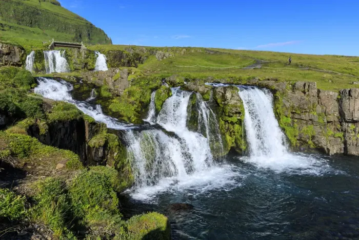 Framed Print : Bridge and Kirkjufellsfoss Waterfall, tourist, Grundarfjordur, blue sky, good Summer weather