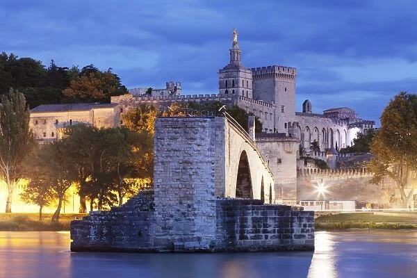 Bridge St. Benezet over Rhone River with Notre Dame des Doms Cathedral and Papal Palace